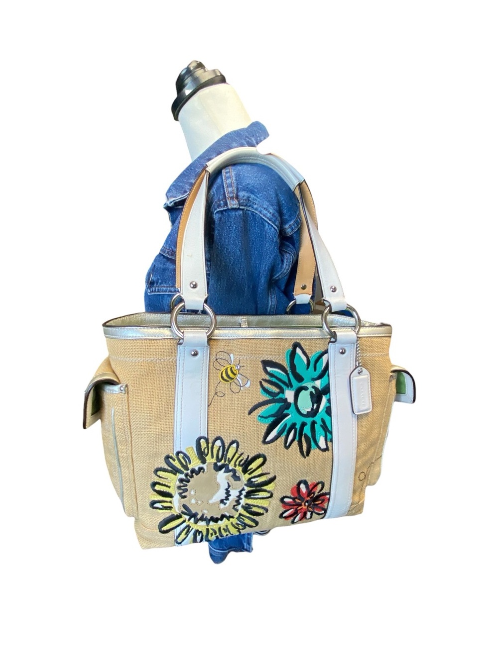 Coach Vintage Rare Floral Bee Woven Straw Gallery Summer Tote Beachbag - Picture 7 of 15